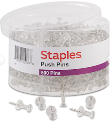 PUSH PINS, STAPLES, CLEAR, 500/CT LARGE